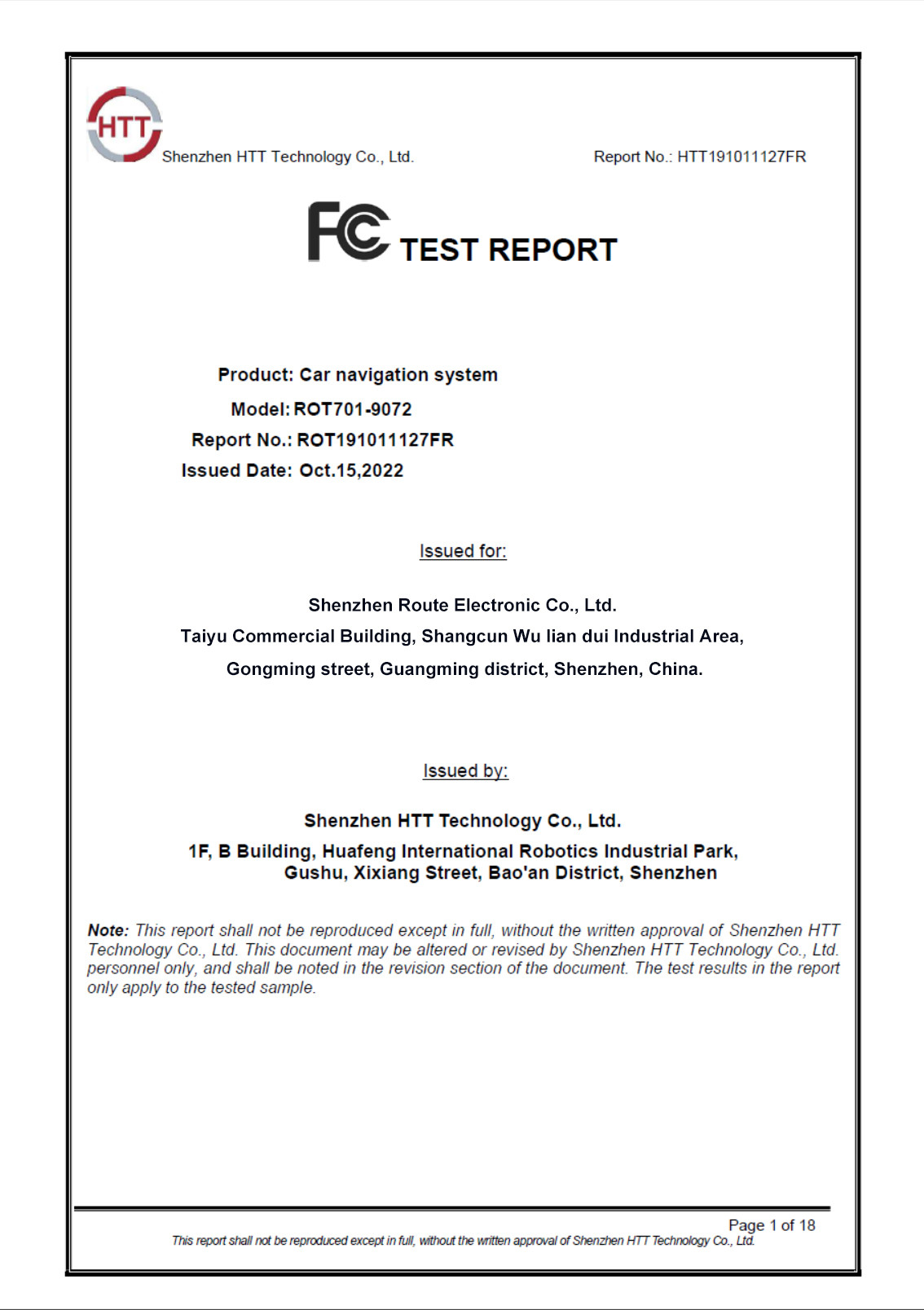 China Shenzhen Route Electronic Co., Ltd. Certification